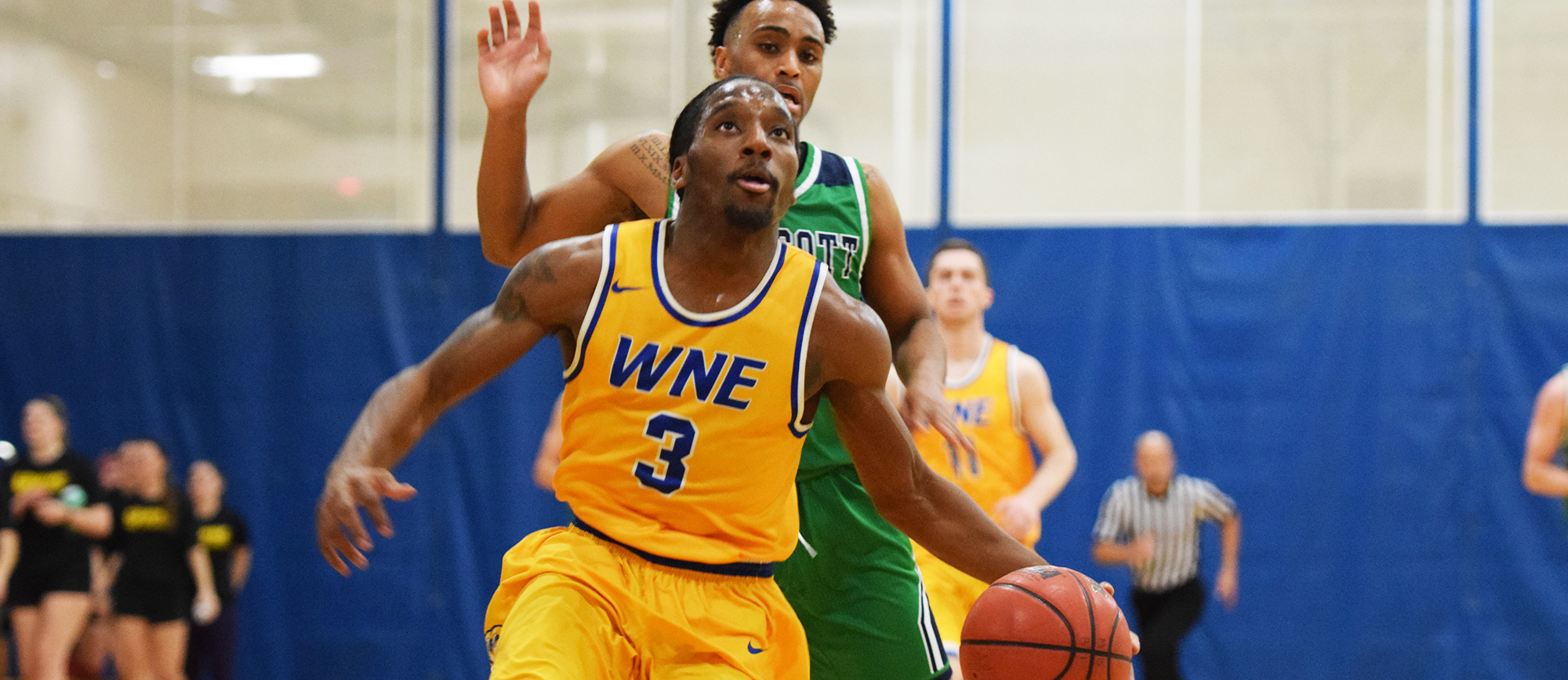 Junior Mikey Pettway recorded 23 points, a career-high 12 rebounds and seven assists in Tuesday's 92-85 loss to Endicott. (Photo by Rachael Margossian)