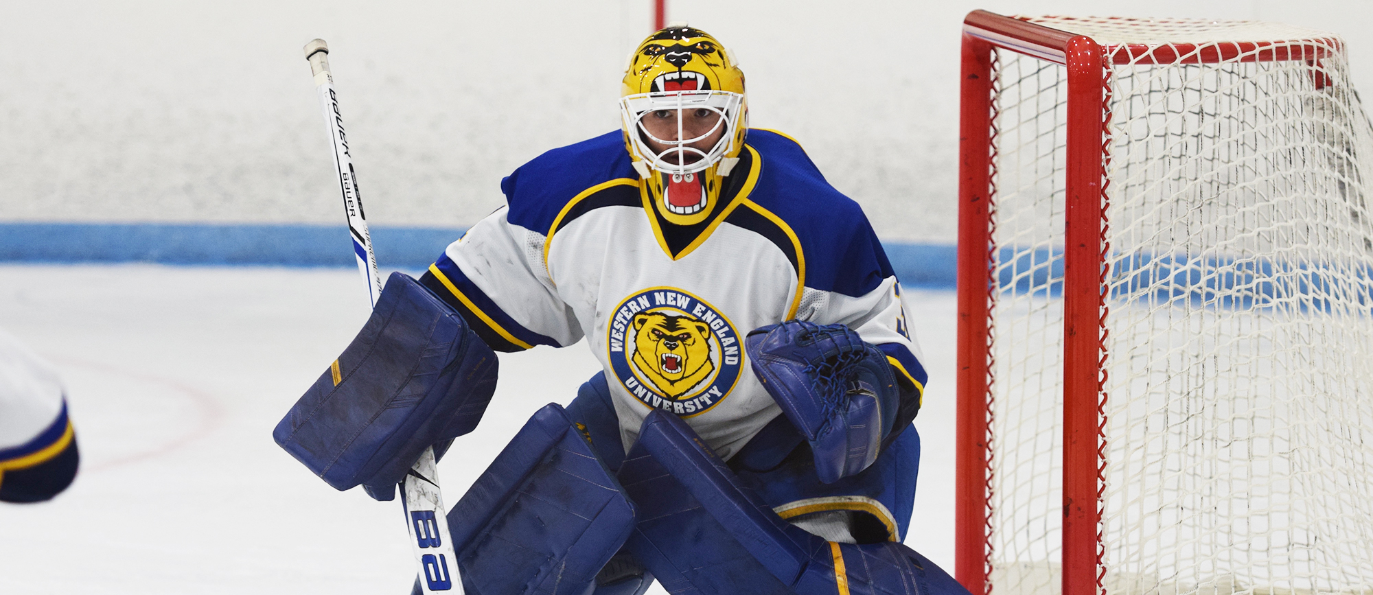 Junior Kevin Gollmer posted a 30-save shutout as the Golden Bears defeated Johnson & Wales, 2-0, on Saturday at the Olympia Ice Center. (Photo by Rachael Margossian)