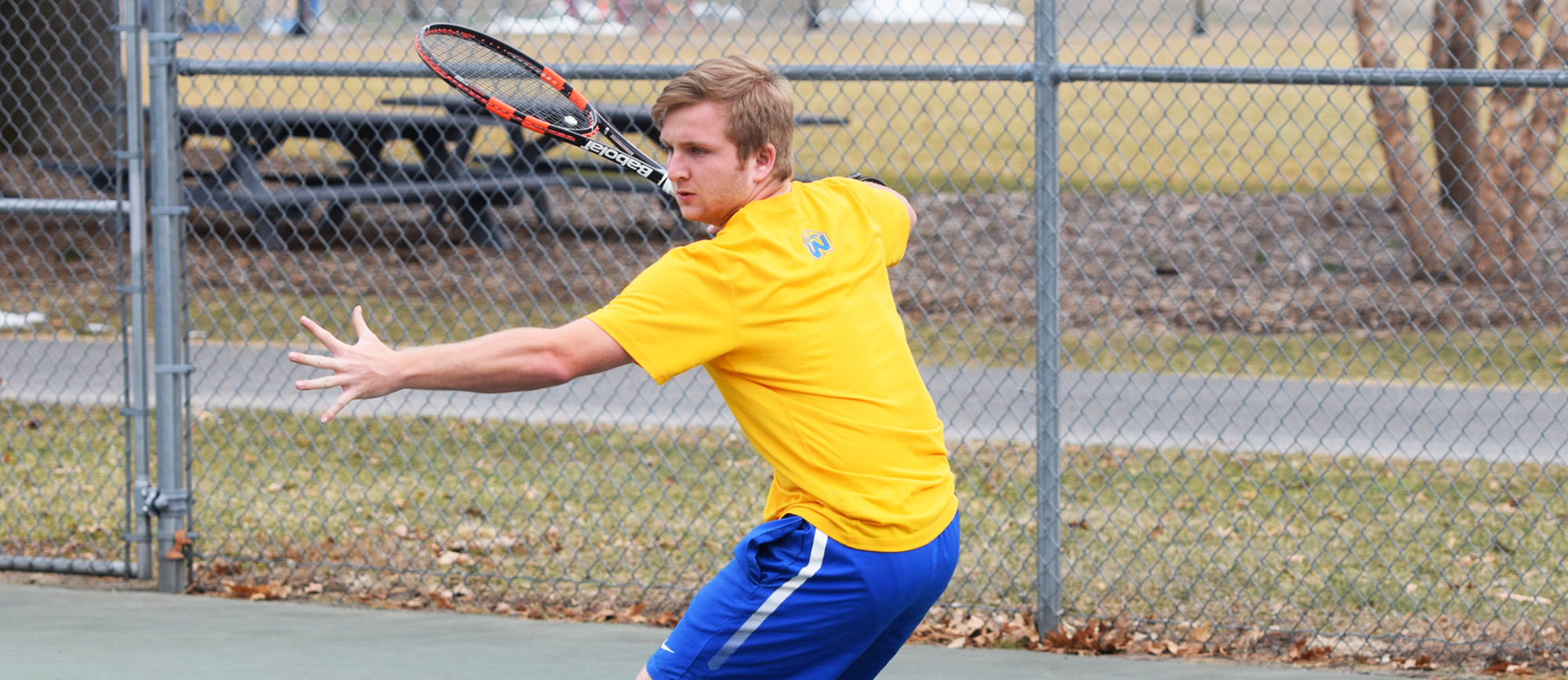 Freshman Max Gordon picked up wins at No. 2 doubles and No. 3 singles in Western New England's 9-0 victory at MCLA on Friday. (Photo by Rachael Margossian)