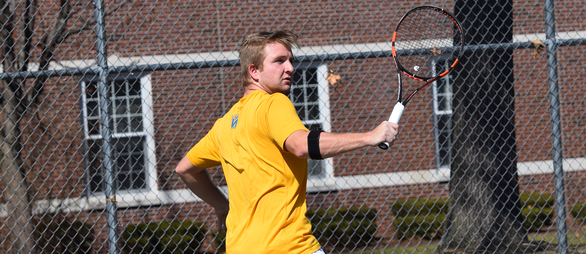 Freshman Max Gordon posted a 6-4, 2-6, 10-8 win at No. 3 singles in Western New England's 7-2 loss at Endicott on Saturday. (Photo by Rachael Margossian)