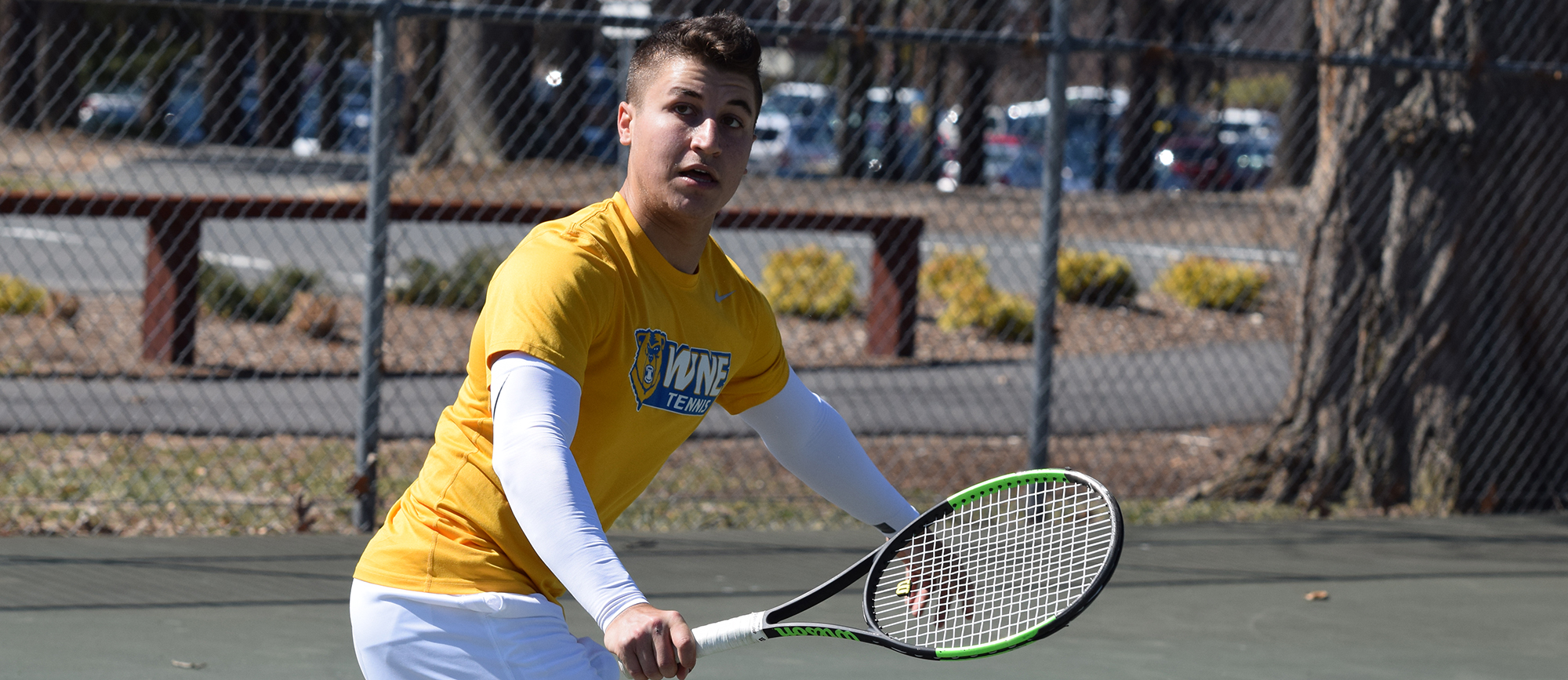 Sophomore David Kalmer improved to 9-1 in singles play, but WNE fell to Nichols 8-1 on Wednesday. (Photo by Rachael Margossian)