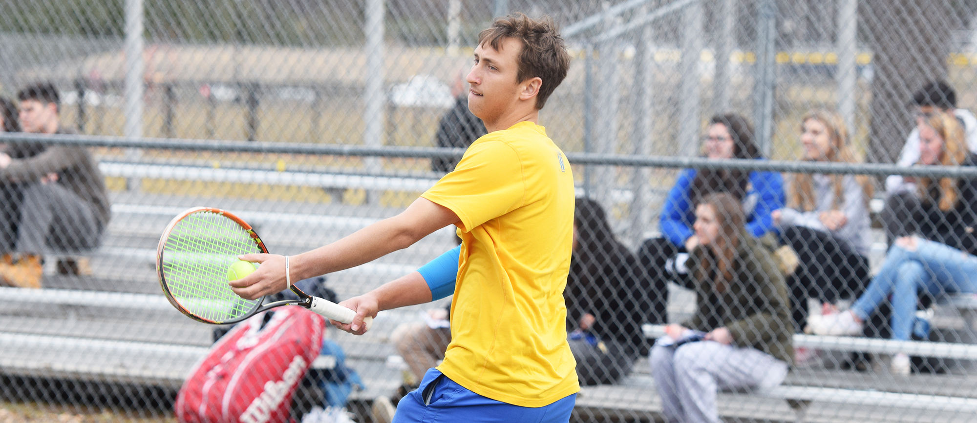 Sophomore Luke Surawski won at No. 2 singles and No. 2 doubles as the Golden Bears opened CCC play with an 8-1 triumph over Wentworth on Tuesday. (Photo by Rachael Margossian)