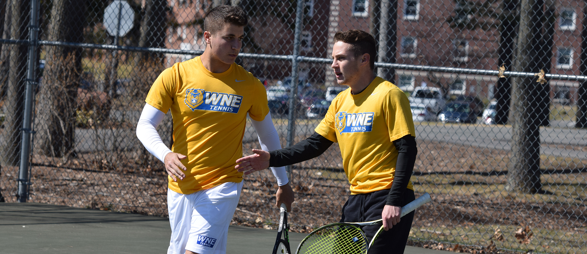 David Kalmer & Justin Kohut won their No. 1 doubles matchup, and also picked up wins in singles play as WNE defeated Roger Williams 7-2 on Saturday. (Photo by Rachael Margossian)