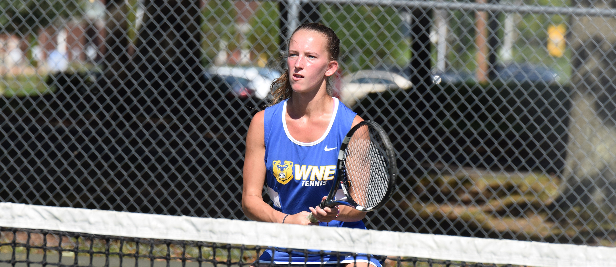 Junior Morgan Schrader posted a 6-1, 6-1 win at No. 2 singles, but the Golden Bears fell to JWU in their season opener on Sunday.