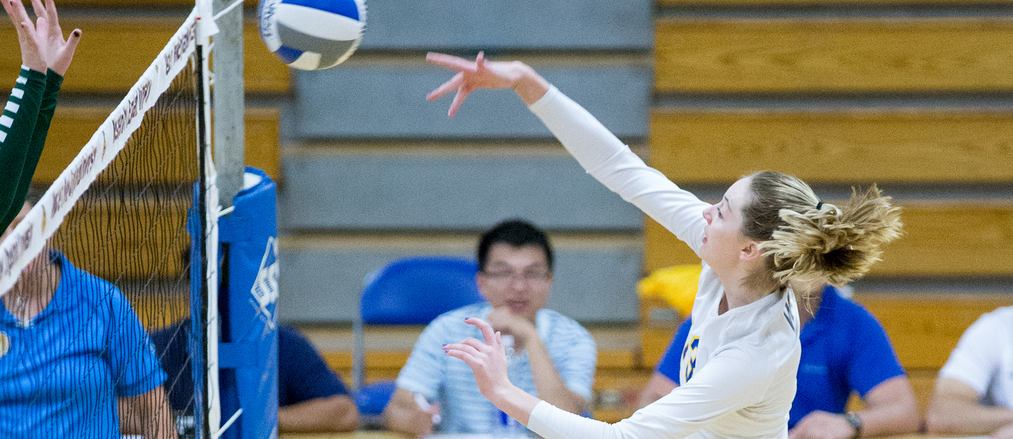 Freshman Abigail Bundy recorded a team-high seven kills in Wednesday's 3-0 loss at Endicott. (Photo by Chris Marion)