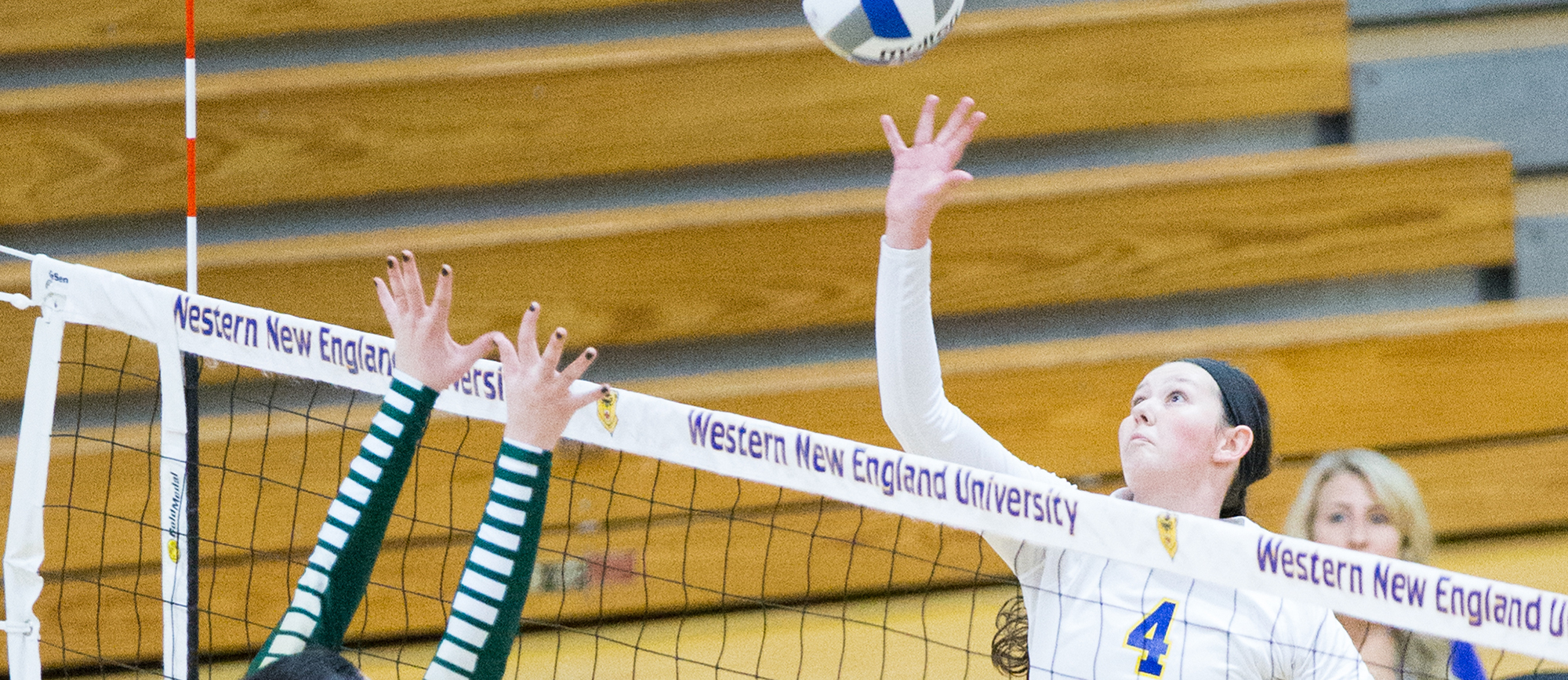 Senior Sam Heffer recorded a team-high ten kills in Western New England's 3-0 loss to Wellesley on Thursday night. (Photo by Chris Marion)