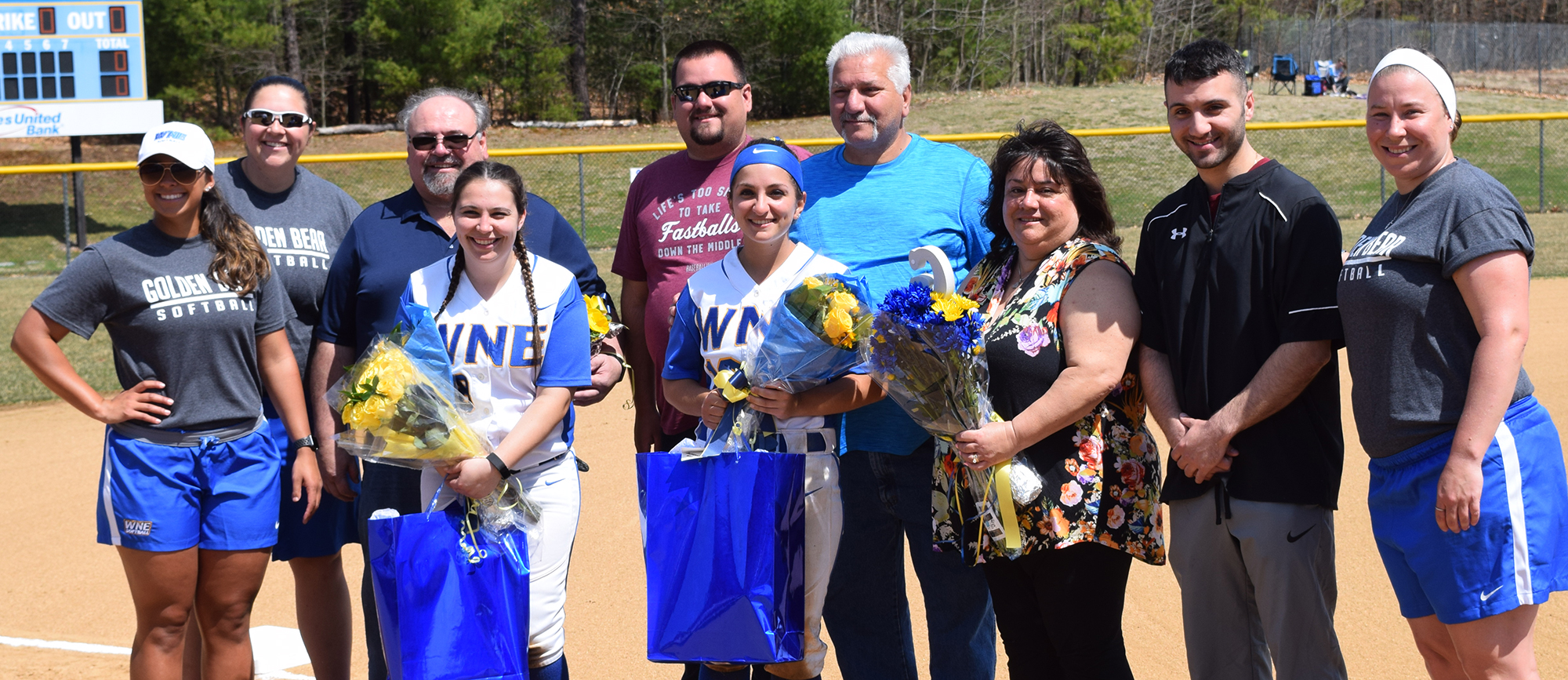 Western New England honored seniors Ashley Rivest and Giovanna Russo before the start of Saturday's doubleheader against Salve Regina. (Photo by Rachael Margossian)