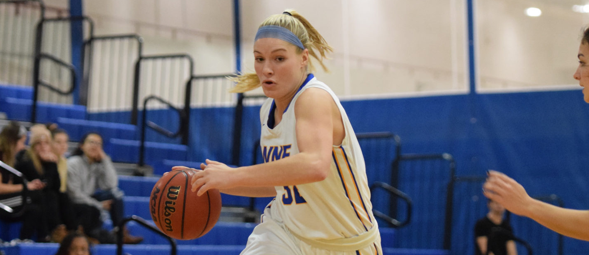 Courtney Carlson led the Golden Bears with 20 points as WNE defeated UNE 67-59 on the road in the CCC Tournament semifinals on Thursday night. (Photo by Rachael Margossian)