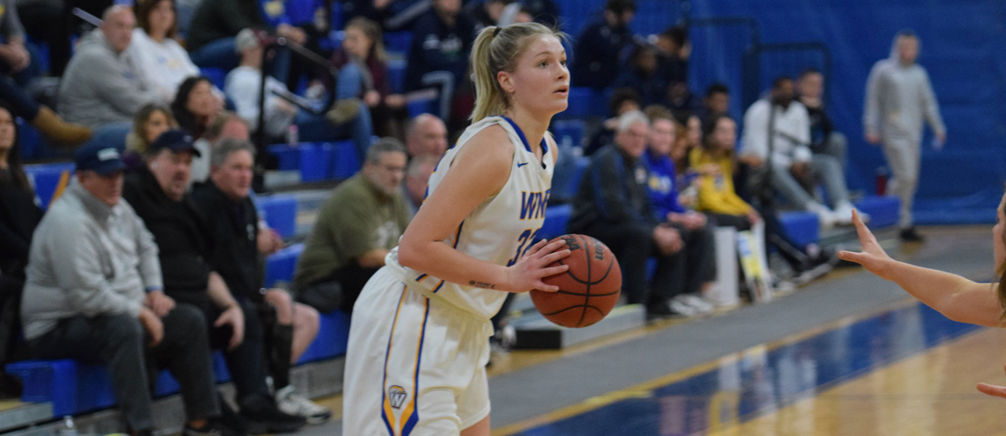 Courtney Carlson scored 23 points in a 61-45 win over Salve Regina on Saturday afternoon. (Photo by Rachael Margossian)