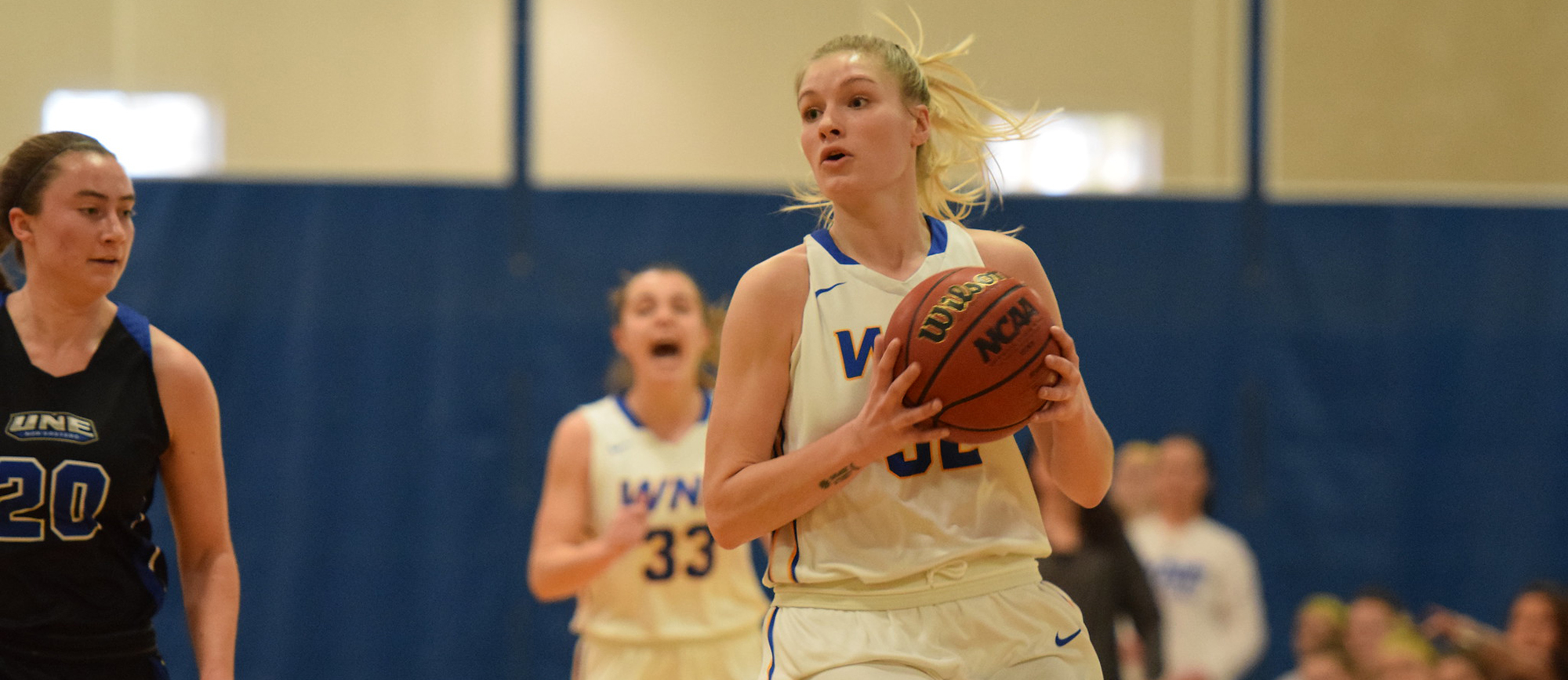 Courtney Carlson scored 17 points and grabbed seven rebounds against the University of New England on Thursday evening. (Photo by Rachael Margossian)