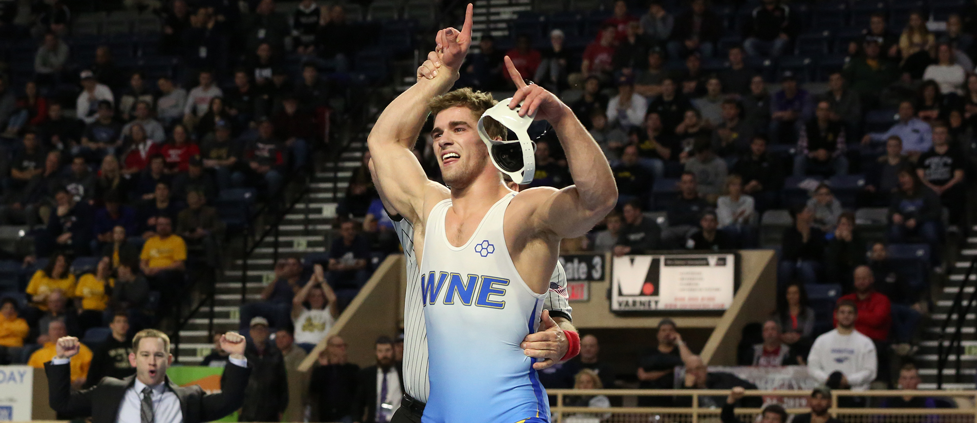 John Boyle became Western New England's first national champion with his 5-3 sudden victory result over Jake Ashcraft in the 184-pound title bout on Saturday night at the NCAA DIII Championships in Roanoke, VA. (Photo by Geoff Riccio)