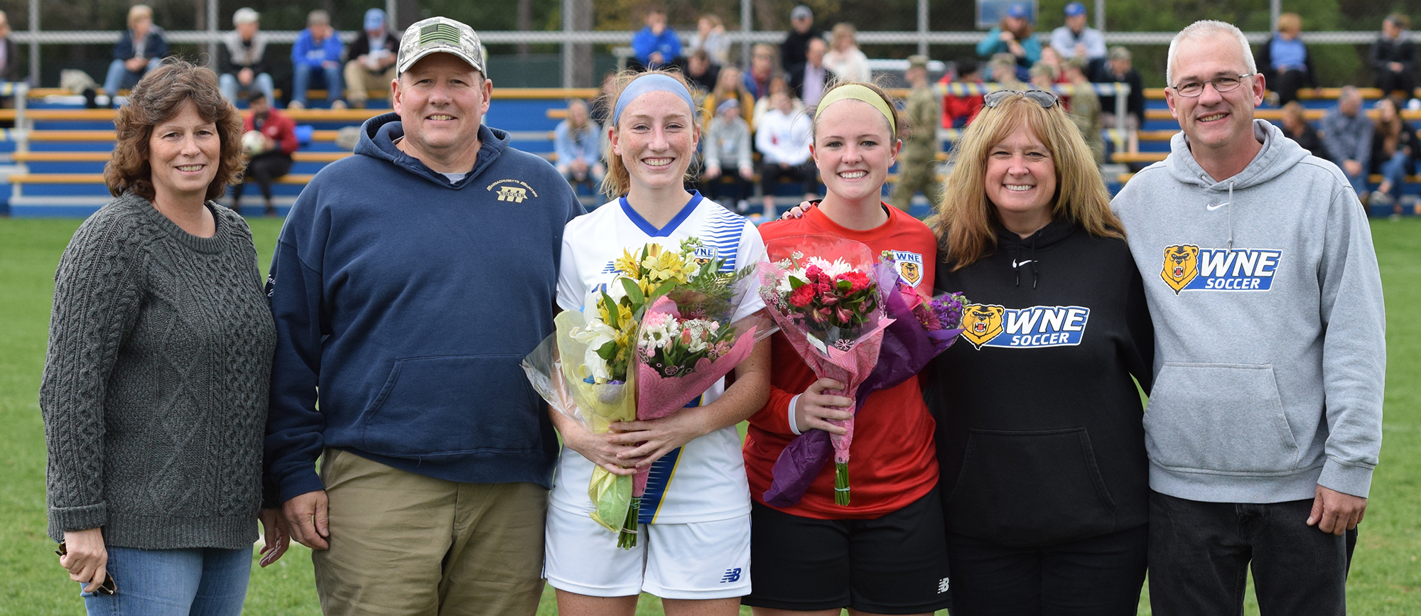 Seniors Erin Grimes and Marissa Veilleux were honored before the start of Western New England's 1-1 draw with UNE on Saturday. (Photo by Rachael Margossian)