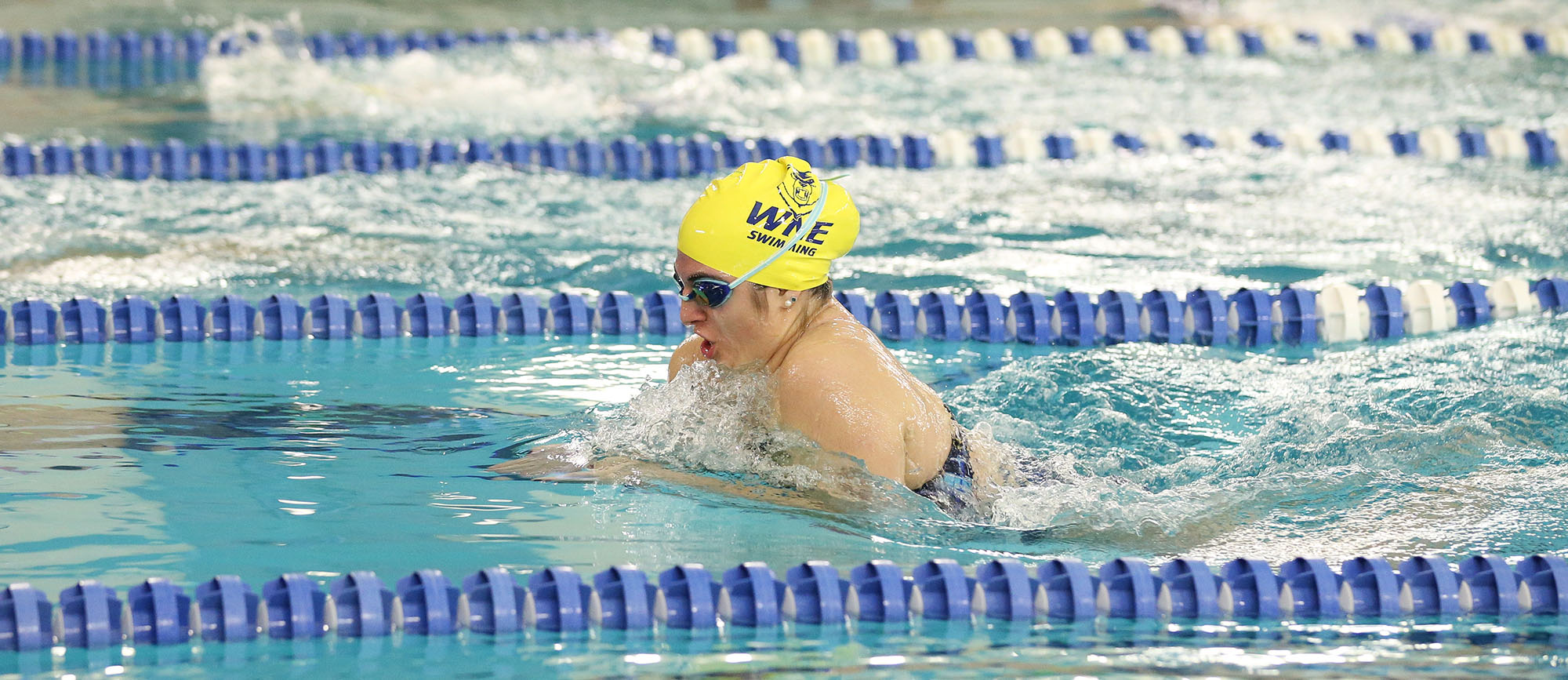 Sophomore Lauren Mangiaratti won the 50-yard breaststroke with a time of 35.03 seconds in Saturday's tri-meet with Eastern Connecticut & Plymouth State (Photo by Chris Marion).