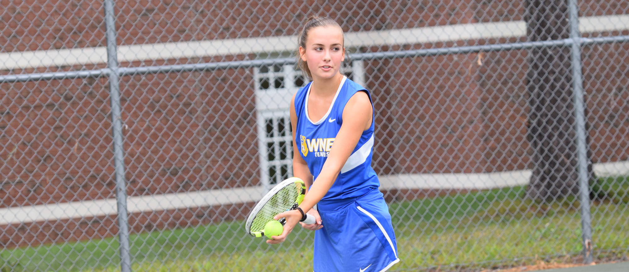 Sydney Lewis registered a 6-1, 6-0 win at No. 5 singles as WNE defeated Curry 5-0 on Wednesday. (Photo by Rachael Margossian)