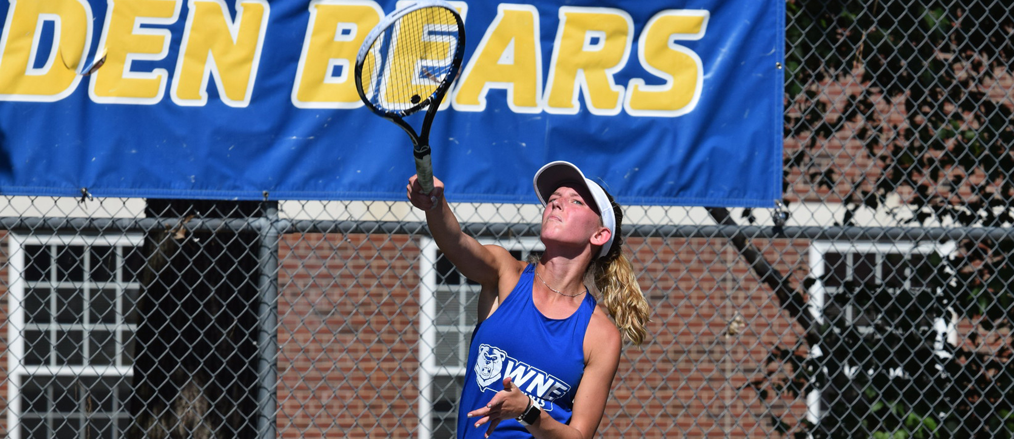 Morgan Schrader picked up wins at both No. 1 doubles and No. 2 singles on Saturday as the Golden Bears edged Salve Regina, 5-4. (Photo by Rachael Margossian)
