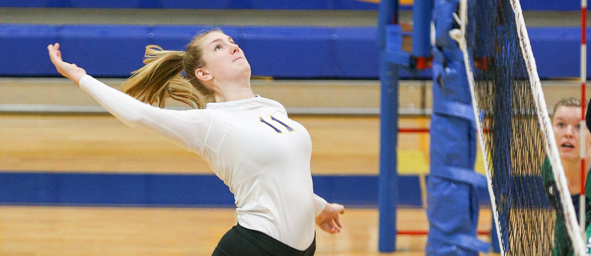 Junior Cassie Holmes recorded a team-high 14 kills in Western New England's five-set loss to Gordon on Tuesday. (Photo by Chris Marion)