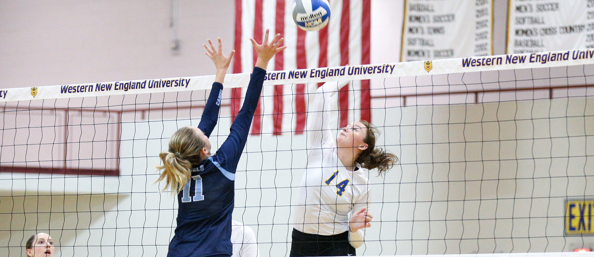 Senior Jenna Ferguson recorded a career-high 17 kills in Western New England's 3-1 win at UNE on Saturday. (Photo by Chris Marion)